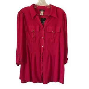 Cocomo Blouse One X 1X Womens Red Button Up Pleated Three Quarter Sleeve NWT